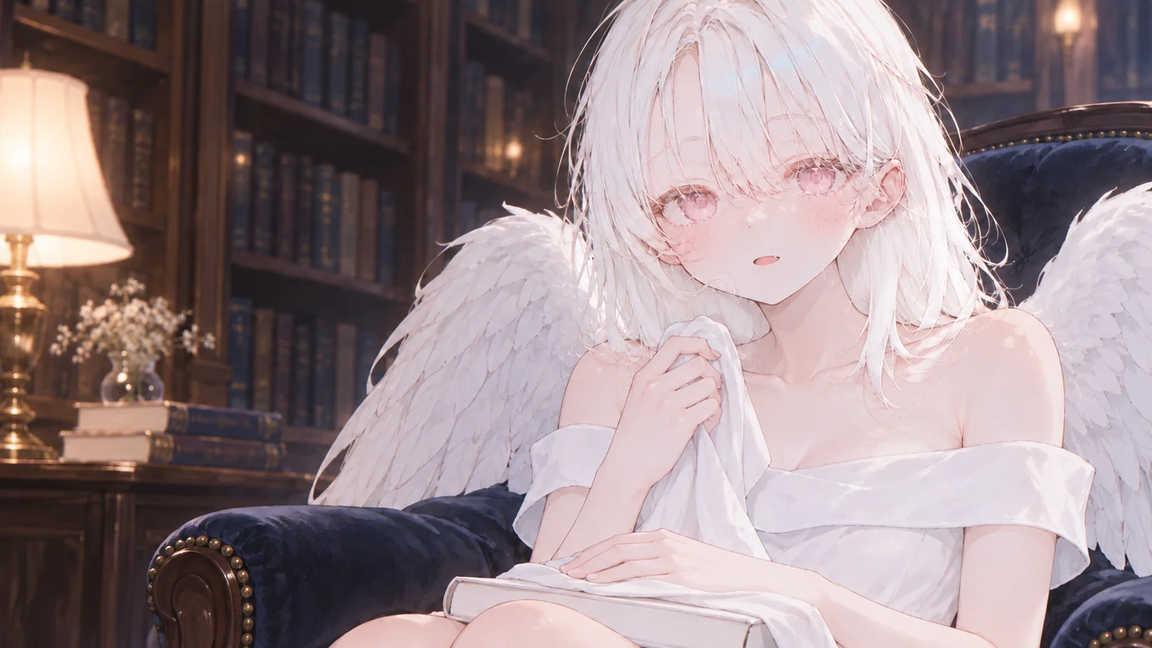 月明かりの書庫で、白い本を膝にのせて椅子に座る、白い翼の天使アイ